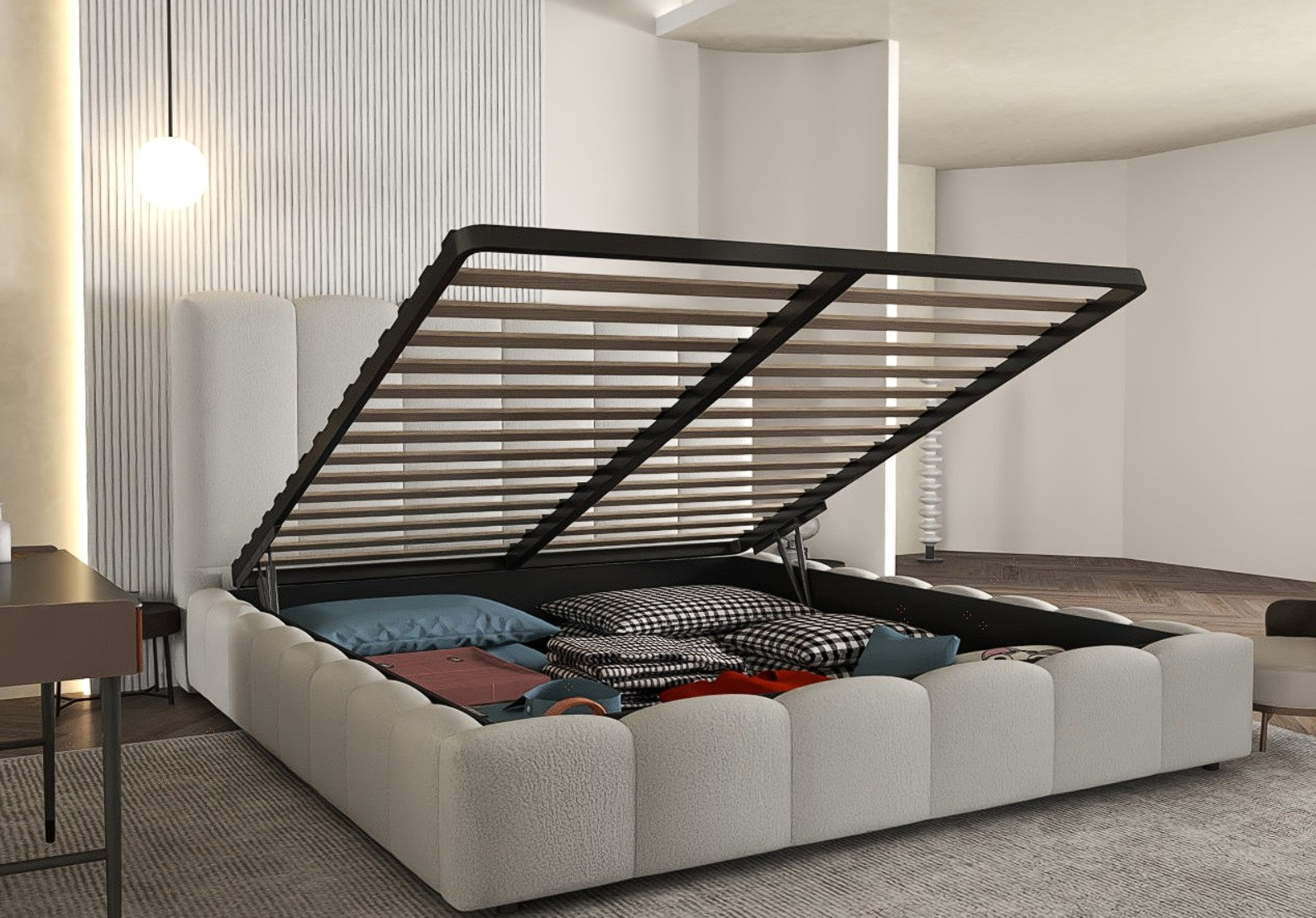 Pat dormitor dumonde, tapitat gri, Milano 160x200 cm, somiera rabatabila inclusa, spatiu depozitare