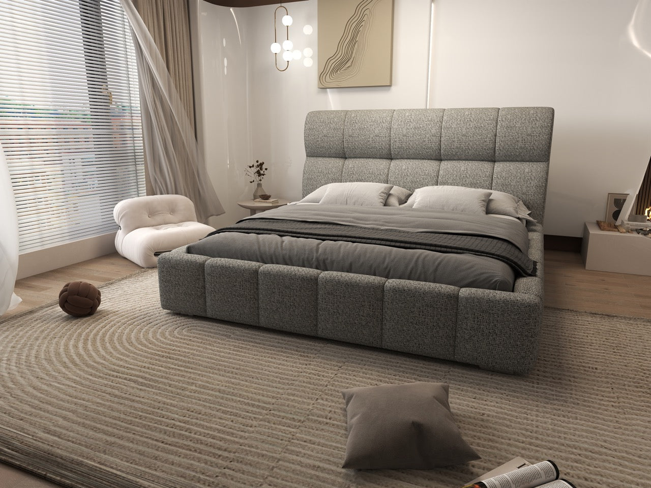 Pat dormitor dumonde, tapitat bej, Prestige 180x200 cm, somiera rabatabila inclusa, spatiu depozitare