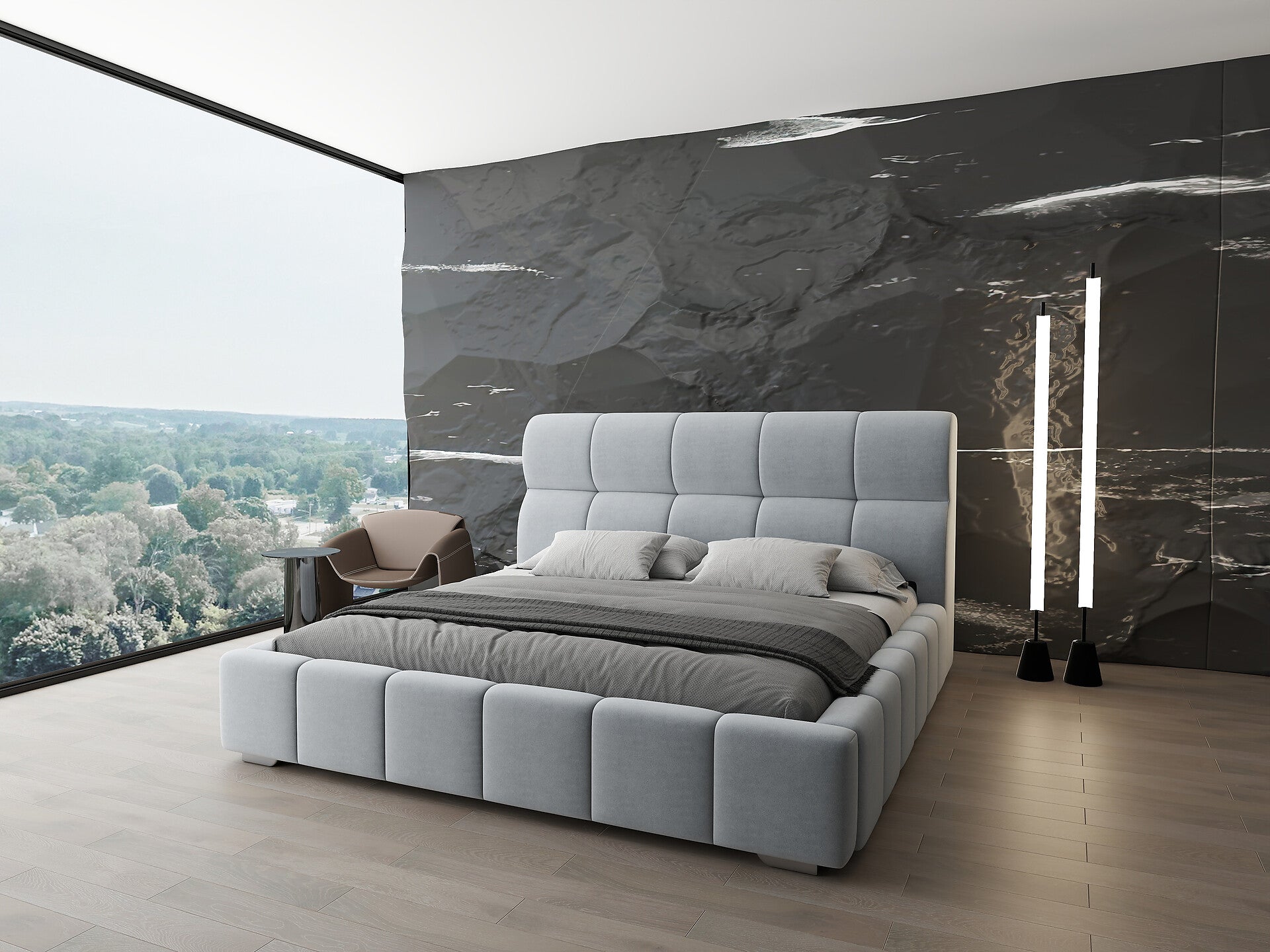 Pat dormitor dumonde, tapitat gri, Prestige 160x200 cm, somiera rabatabila inclusa, spatiu depozitare