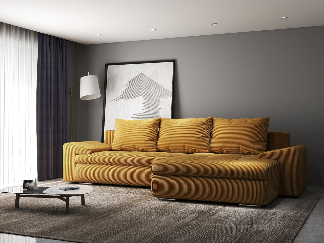 Colțar extensibil dumonde cu ladă de depozitare si sezut confortabil din spuma HR, Leonardo Zoom Mustar 255x193 cm II Fabrica