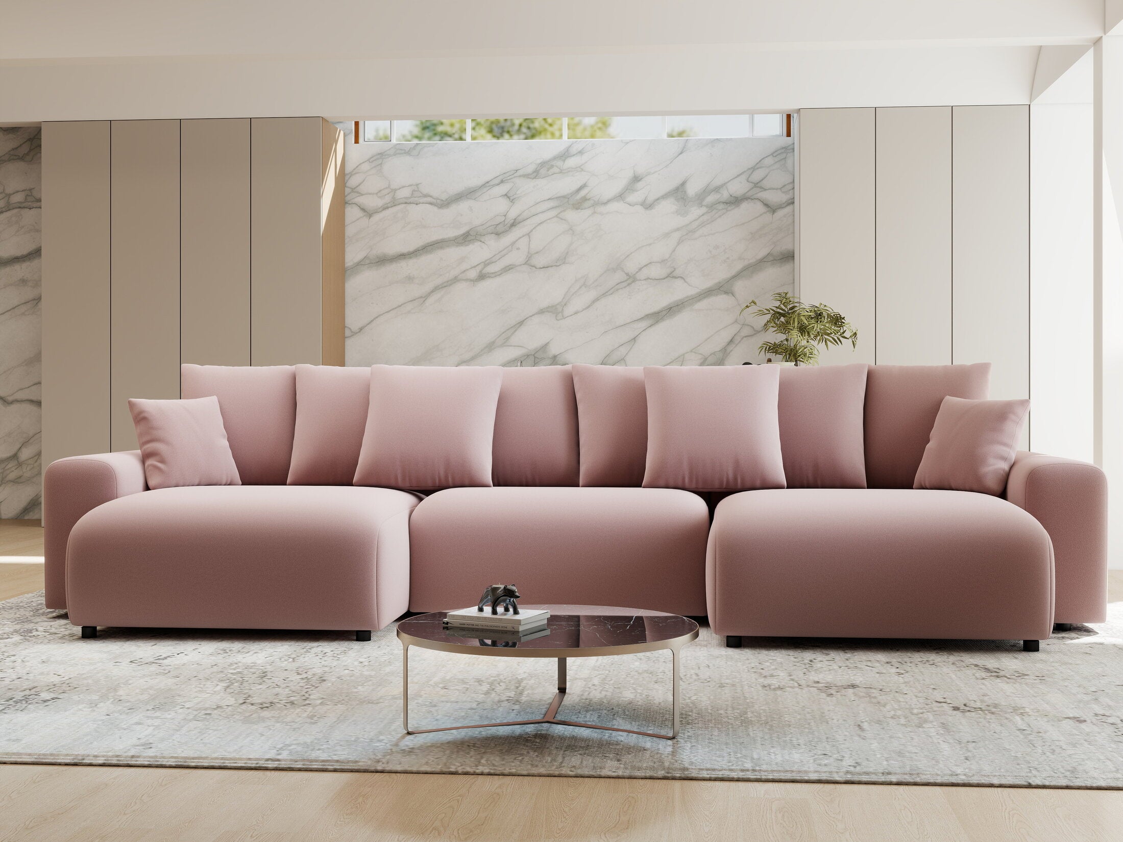 Colțar extensibil dumonde cu ladă de depozitare si sezut confortabil din spuma HR, Luma U Royal Roz 336x140 cm