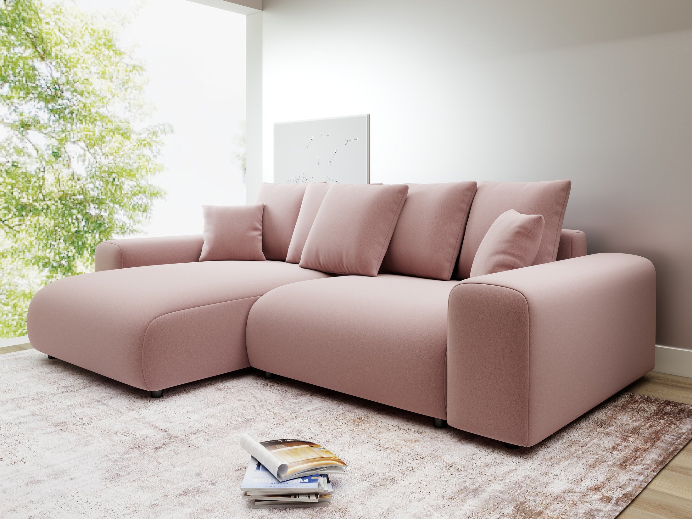 Colțar extensibil dumonde cu ladă de depozitare și șezut confortabil din spumă HR, Luma Royal Roz 255x168 cm