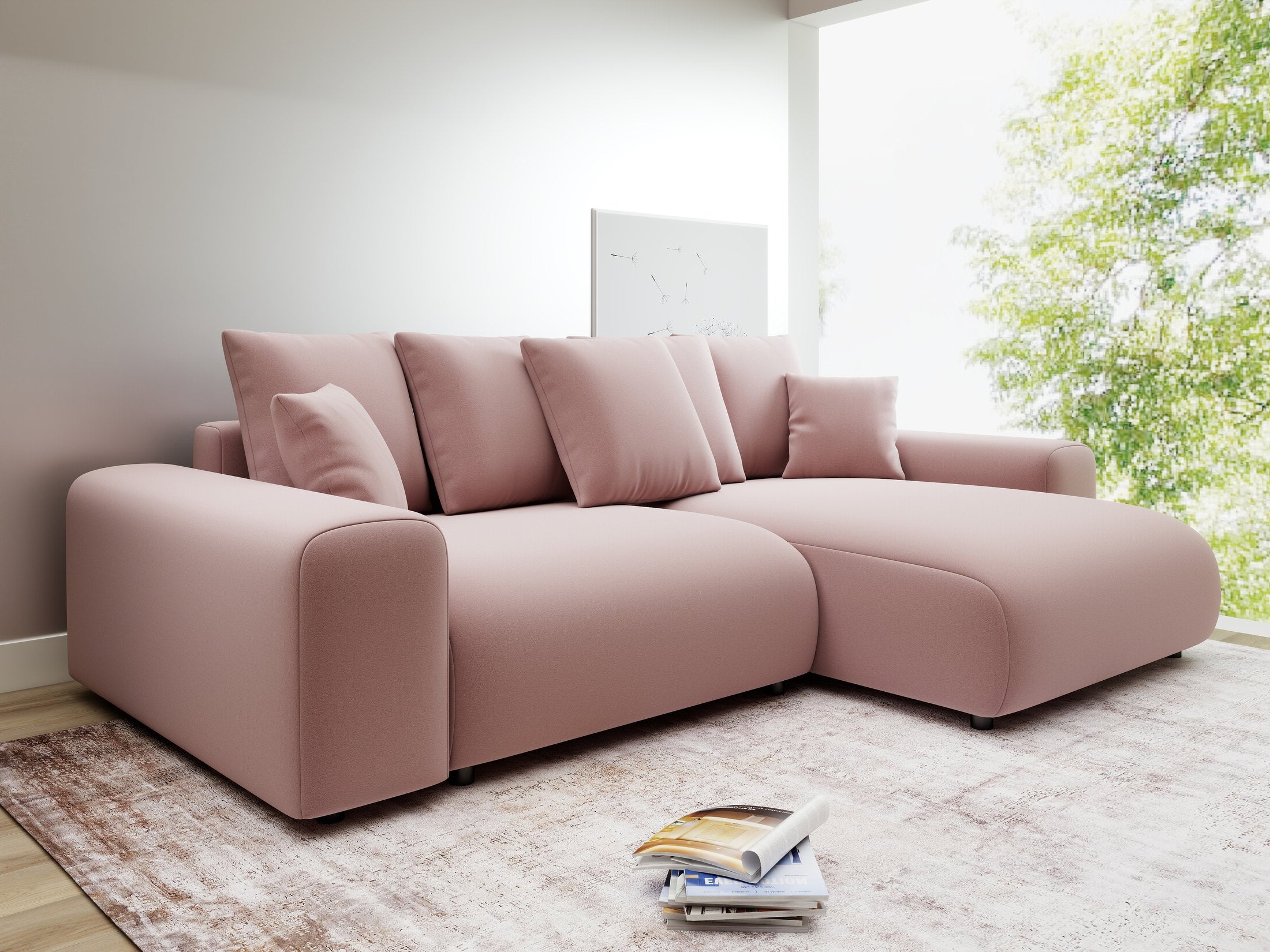 Colțar extensibil dumonde cu ladă de depozitare și șezut confortabil din spumă HR, Luma Royal Roz 255x168 cm II