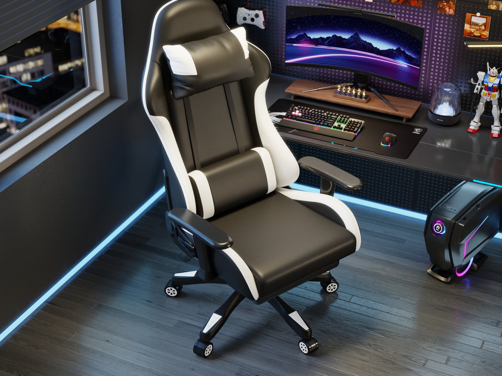 Scaun gaming Dumonde RAVEN X, mecanism multifuncțional, ecopiele, suport picioare, negru