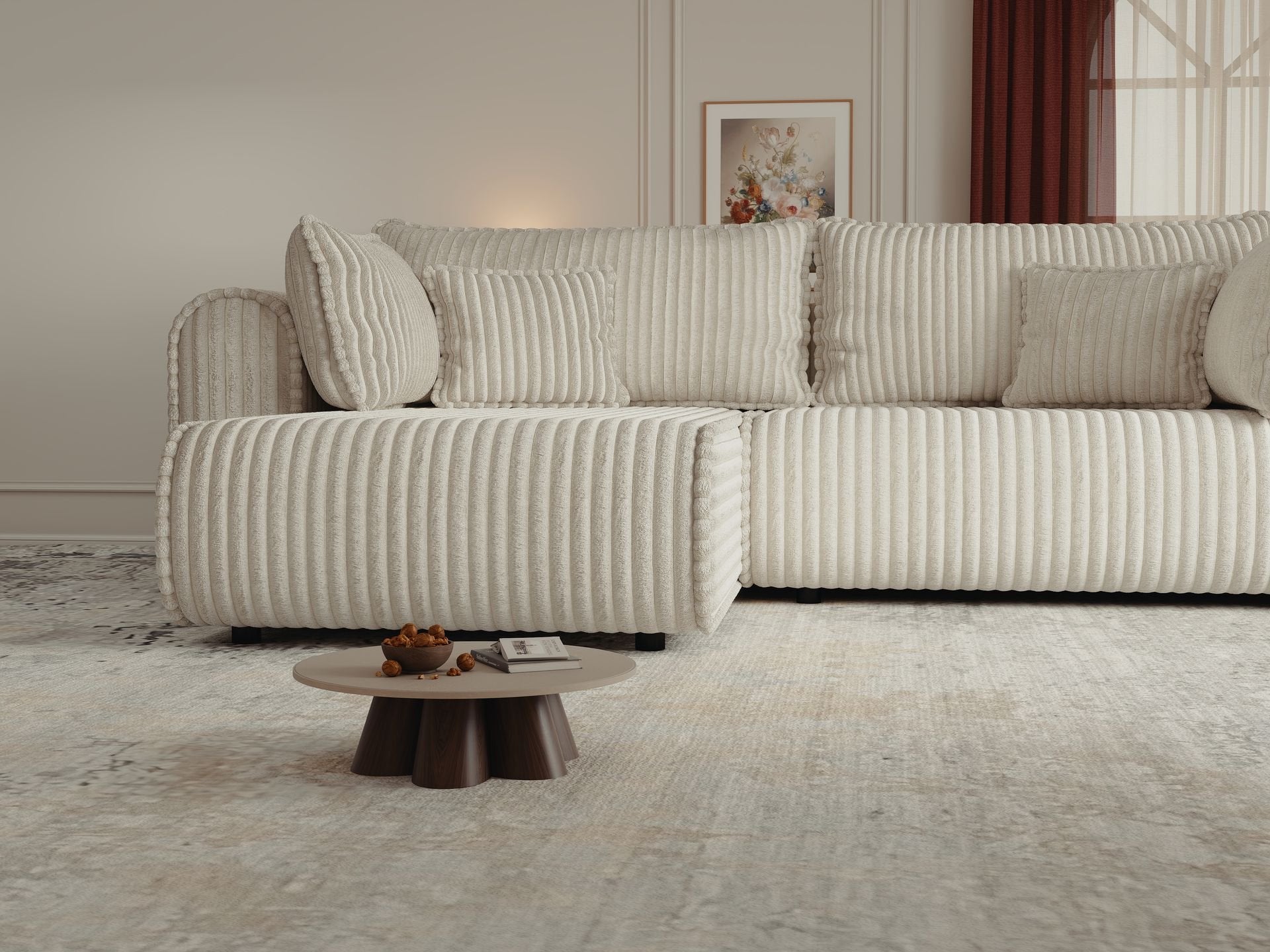 Colțar extensibil dumonde cu ladă de depozitare si sezut confortabil din spuma high-density, Monaco L Tilia Crem 270x100 cm