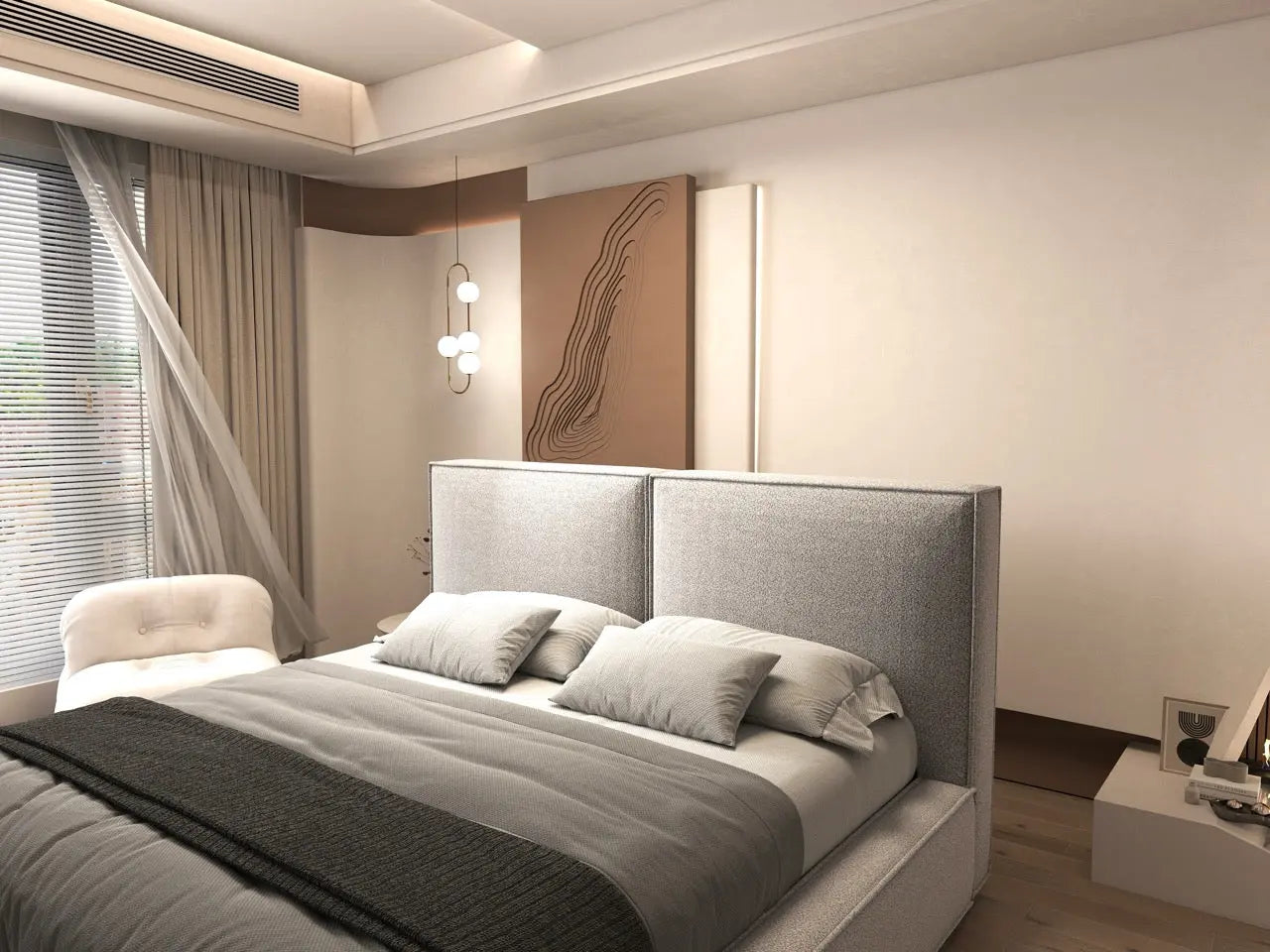 Pat dormitor dumonde, tapitat gri, Dreamer 160x200 cm, somiera rabatabila inclusa, spatiu depozitare WLS