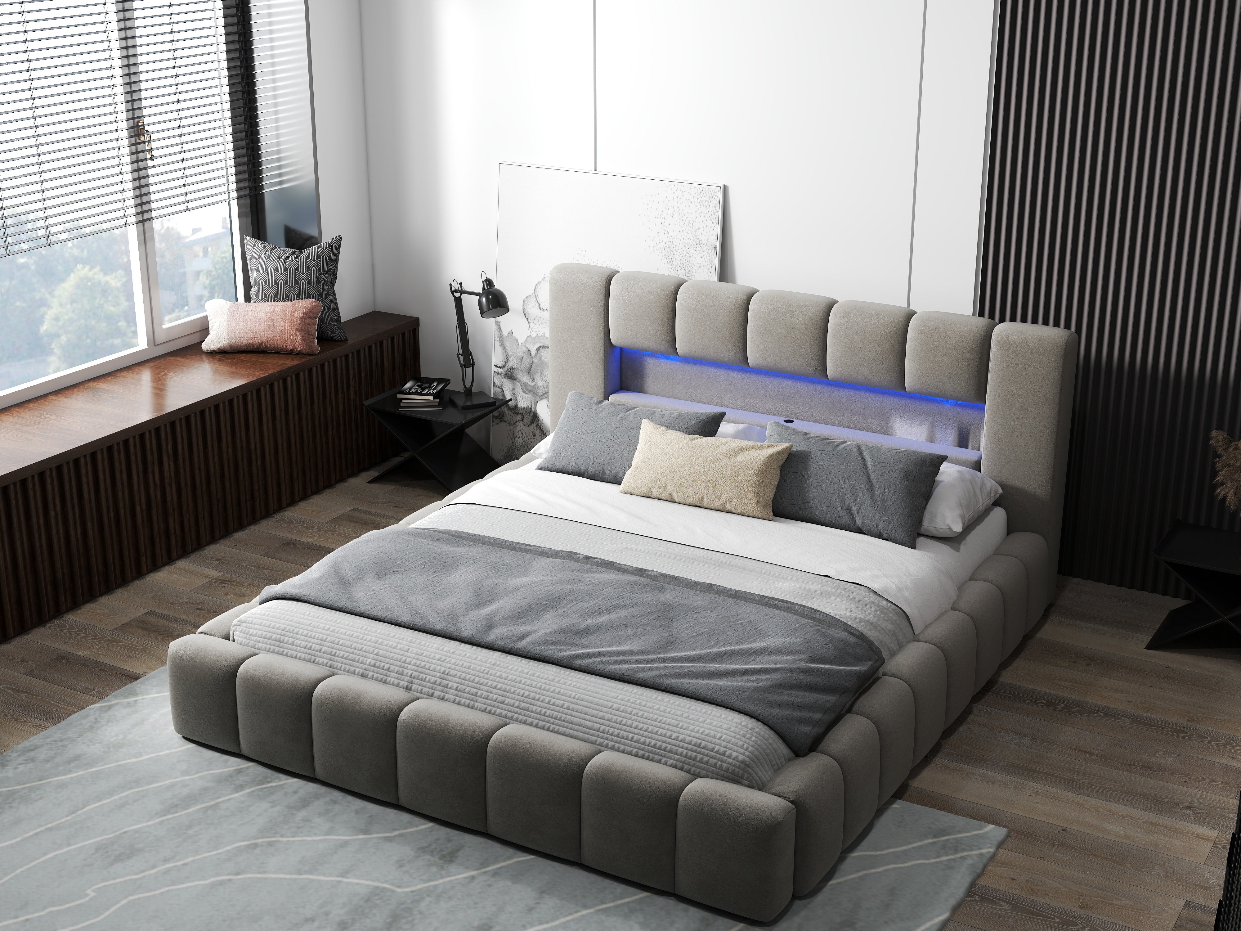 Pat dormitor dumonde, tapitat bej cu LED si USB, Palermo 140x200 cm, somiera rabatabila inclusa, spatiu depozitare WLS