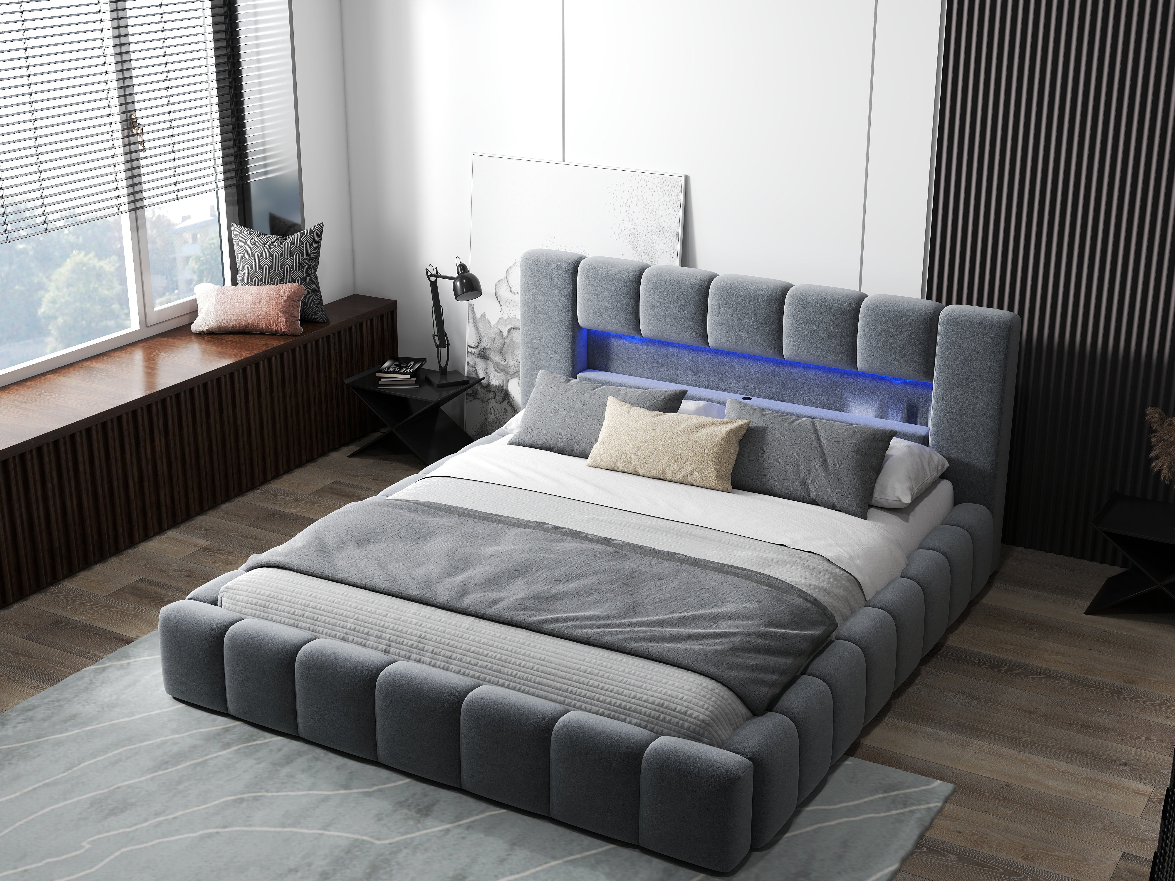 Pat dormitor dumonde, tapitat gri cu LED si USB, Palermo 180x200 cm, somiera rabatabila inclusa, spatiu depozitare WLS