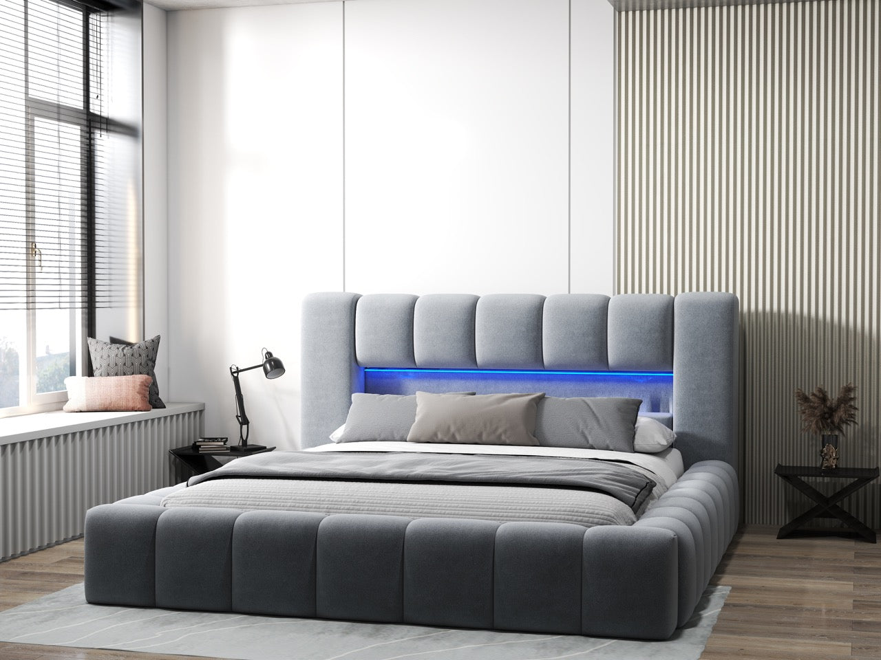 Pat dormitor dumonde, tapitat gri cu LED si USB, Palermo 160x200 cm, somiera rabatabila inclusa, spatiu depozitare