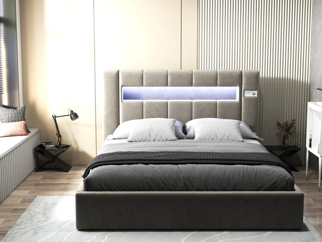 Pat dormitor dumonde, tapitat bej, Glow 180x200 cm, somiera rabatabila inclusa, spatiu depozitare WLS