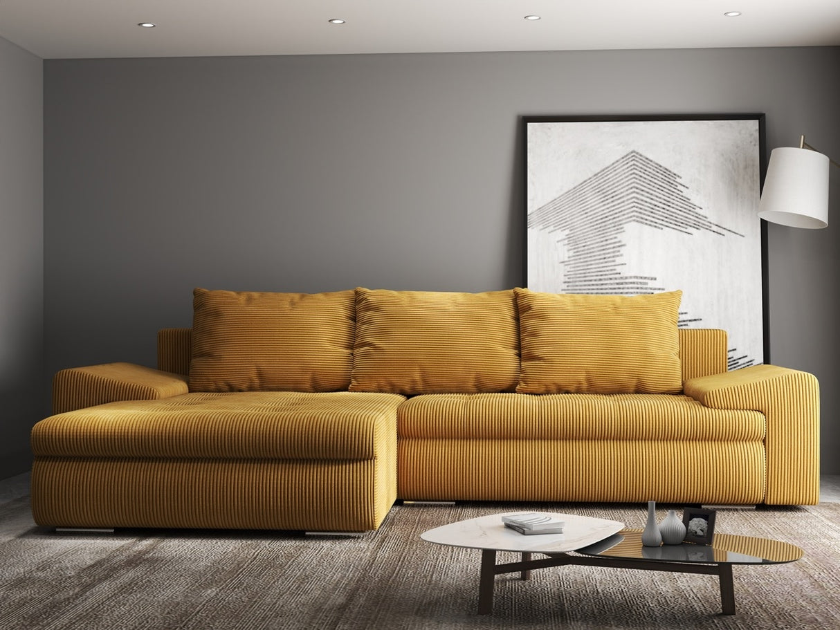 Colțar extensibil dumonde cu ladă de depozitare si sezut confortabil din spuma HR, Leonardo Zoom Mustar 255x193 cm