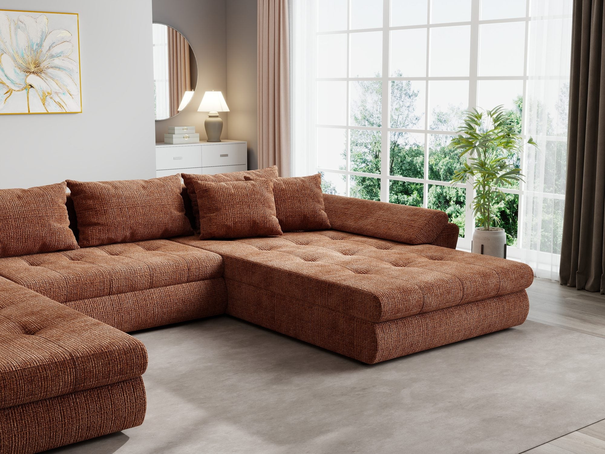 Colțar extensibil dumonde cu ladă de depozitare si sezut confortabil din spuma high-density, Loana U Cremona Teracota 52 355x185 cm