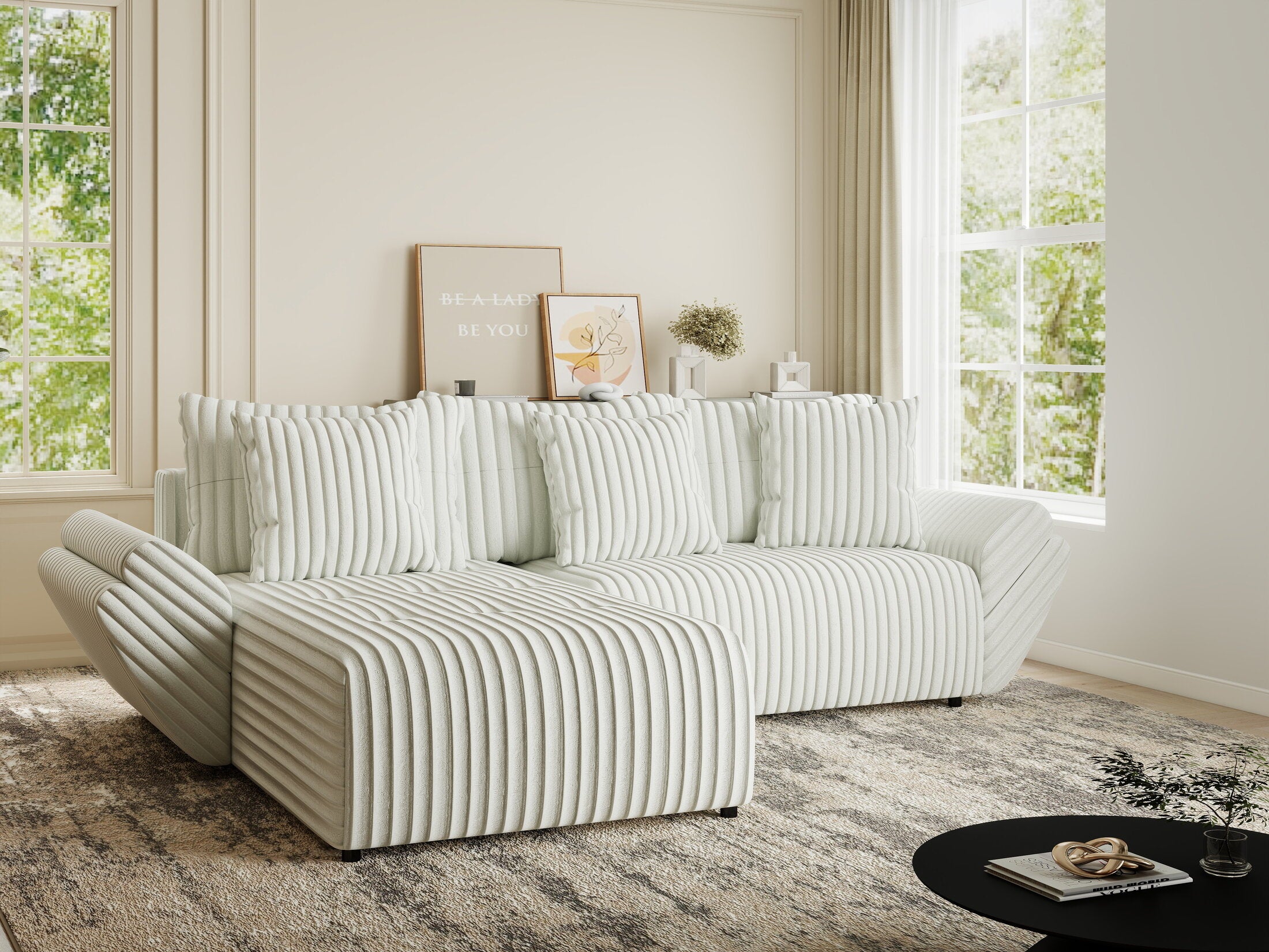 Colțar extensibil dumonde cu ladă de depozitare si sezut confortabil din spuma HR, Berlin Ambience Alb 280x185 cm