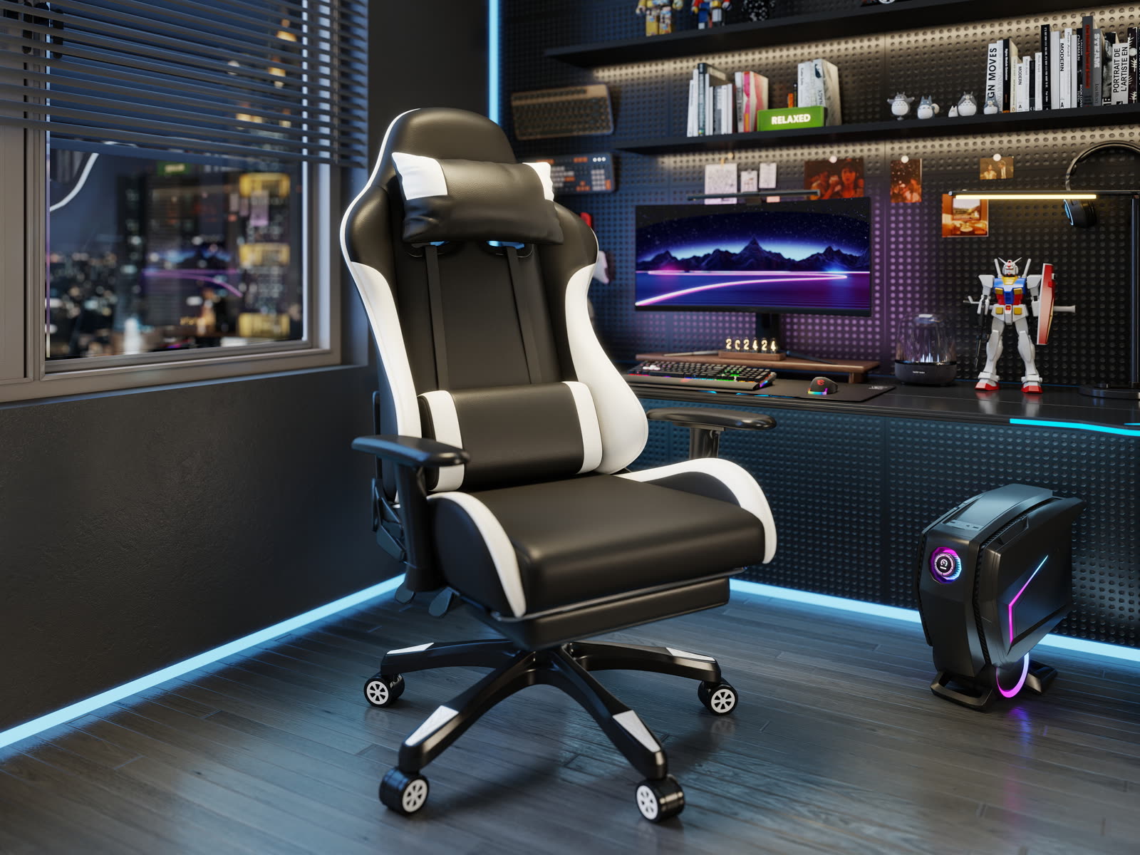 Scaun gaming Dumonde RAVEN X, mecanism multifuncțional, ecopiele, suport picioare, negru