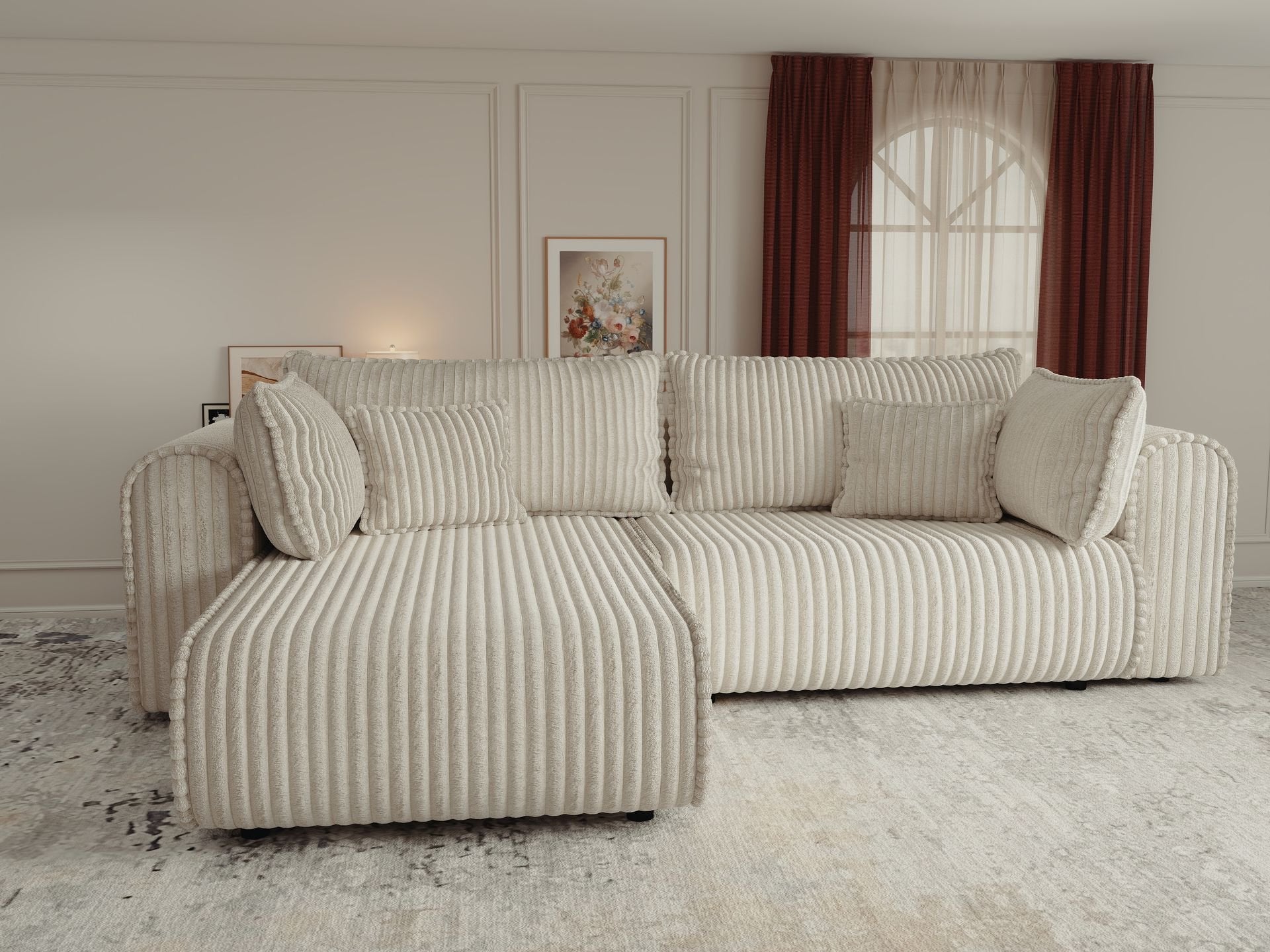Colțar extensibil dumonde cu ladă de depozitare si sezut confortabil din spuma high-density, Monaco L Tilia Crem 270x100 cm