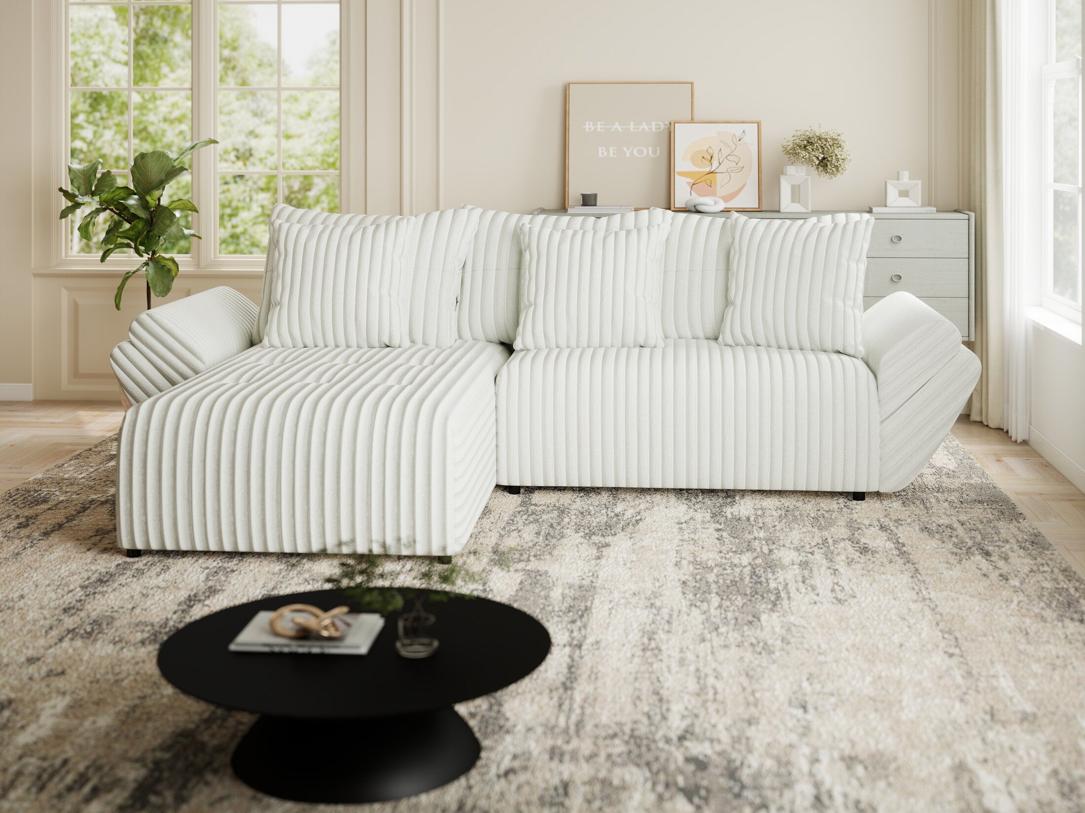 Colțar extensibil dumonde cu ladă de depozitare si sezut confortabil din spuma HR, Berlin Ambience Alb 280x185 cm