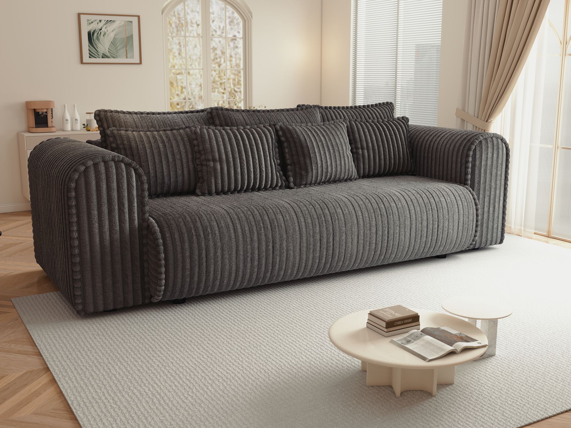 Canapea extensibilă dumonde cu ladă de depozitare si sezut confortabil din spuma high-density, Monaco Mica Tilia Grafit 240x100 cm
