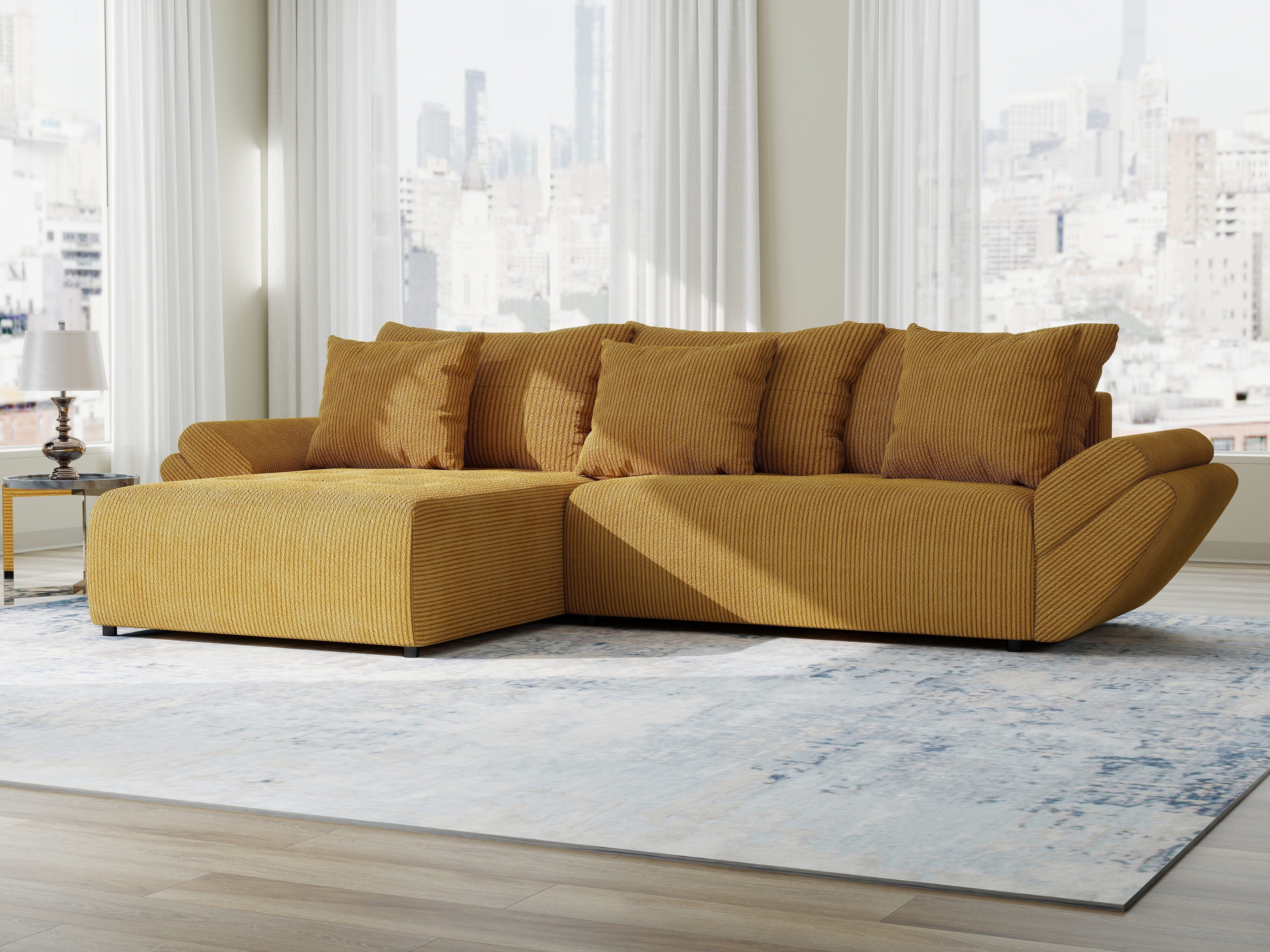 Colțar extensibil dumonde cu ladă de depozitare si sezut confortabil din spuma HR, Berlin Zoom Mustrar 280x185 cm