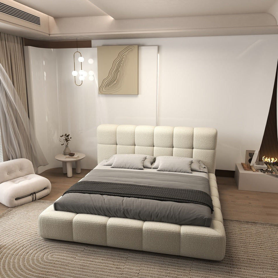 Pat dormitor dumonde, tapitat bej, Lorenzo 140x200 cm, somiera rabatabila inclusa, spatiu depozitare