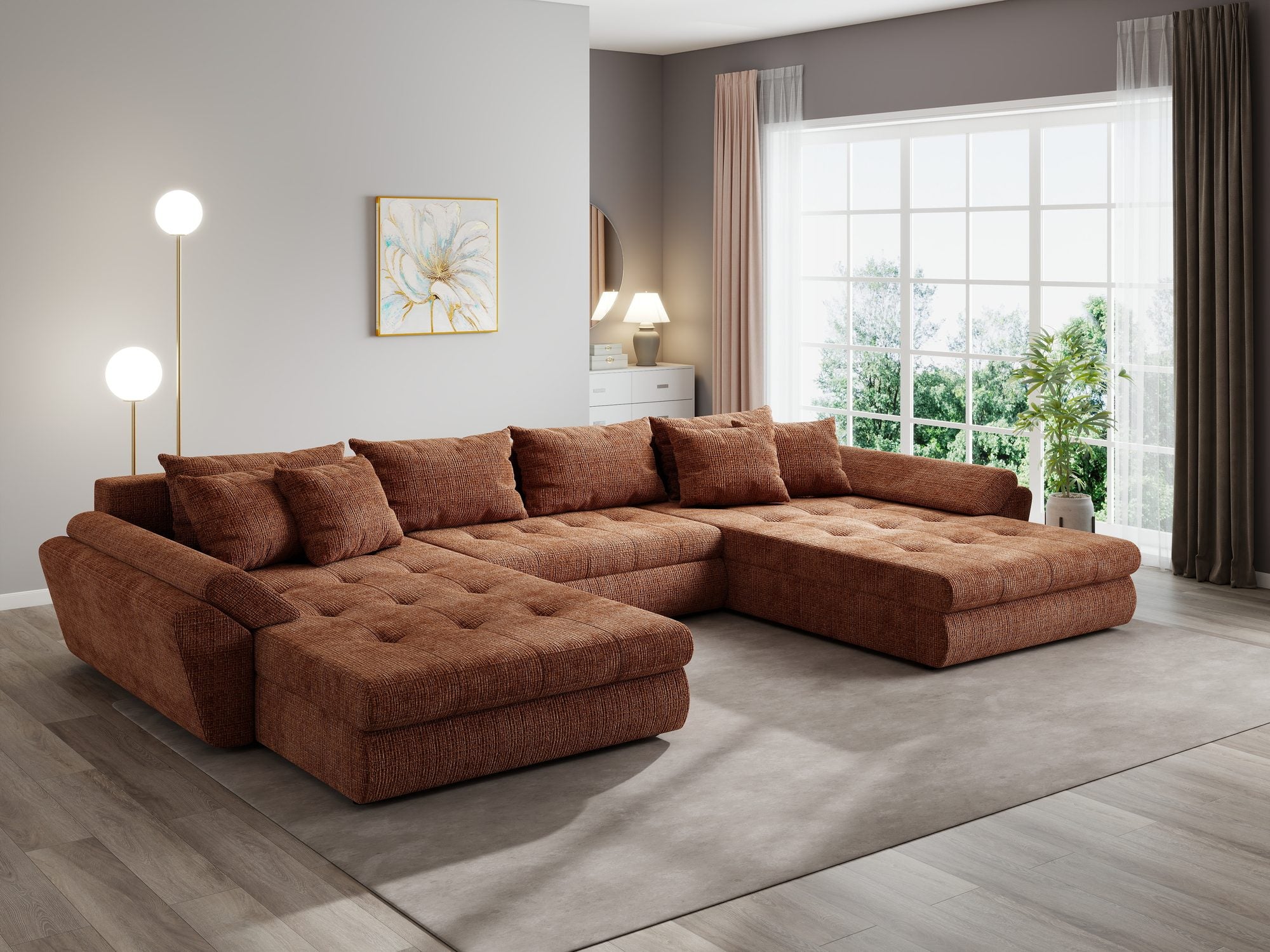 Colțar extensibil dumonde cu ladă de depozitare si sezut confortabil din spuma high-density, Loana U Cremona Teracota 52 355x185 cm