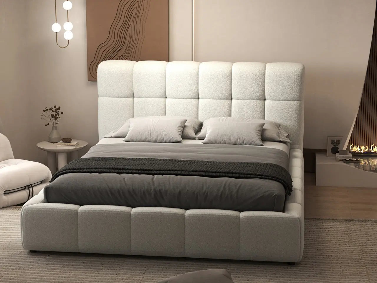 Pat dormitor dumonde, tapitat alb, Lorenzo 160x200 cm, somiera rabatabila inclusa, spatiu depozitare WLS