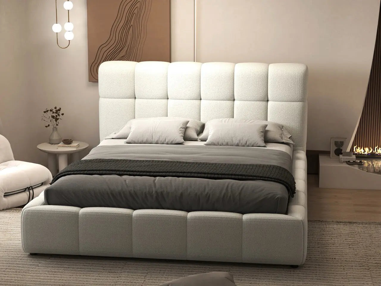 Pat dormitor dumonde, tapitat alb, Lorenzo 180x200 cm, somiera rabatabila inclusa, spatiu depozitare WLS