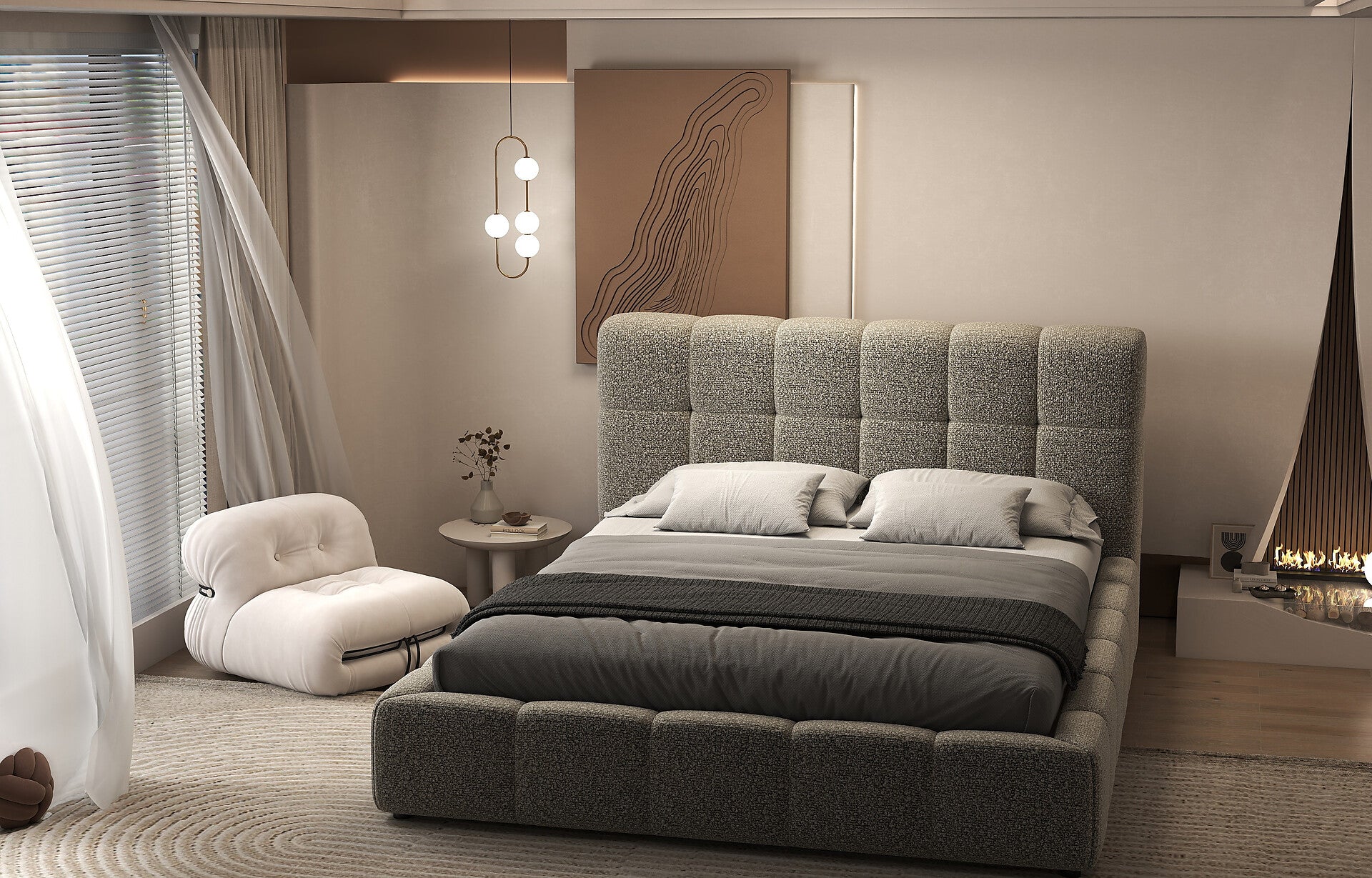 Pat dormitor dumonde, tapitat gri, Lorenzo 140x200 cm, somiera rabatabila inclusa, spatiu depozitare