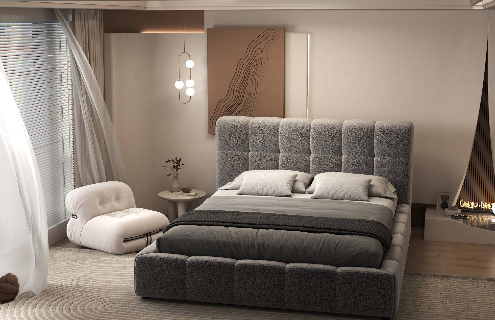 Pat dormitor dumonde, tapitat gri, Lorenzo 180X200 cm, somiera rabatabila inclusa, spatiu depozitare