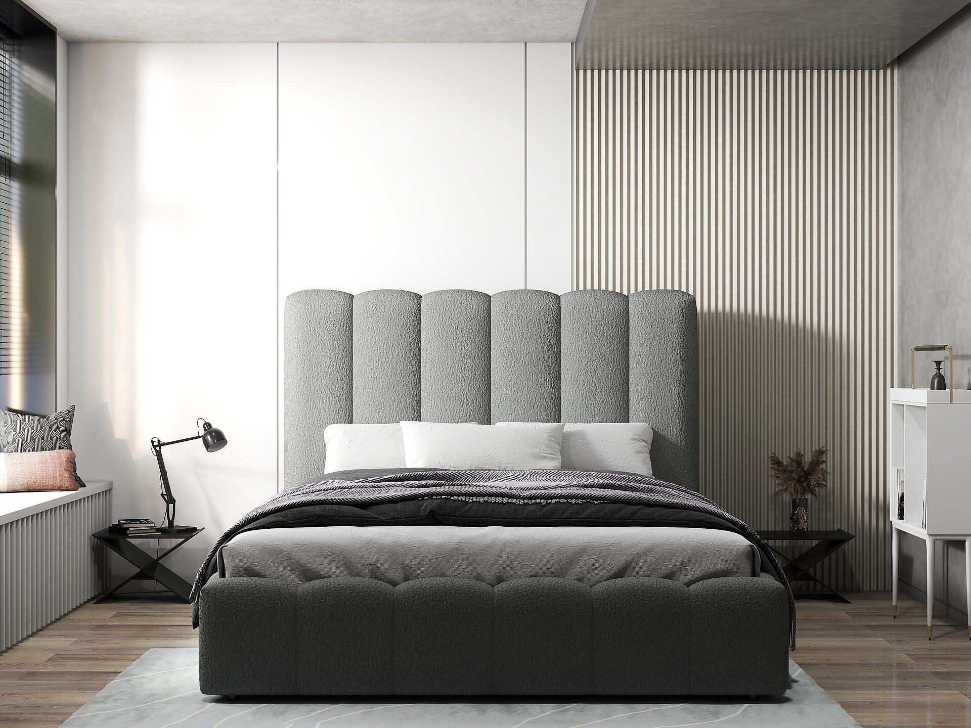 Pat dormitor dumonde, tapitat gri, Milano 140x200 cm, somiera rabatabila inclusa, spatiu depozitare