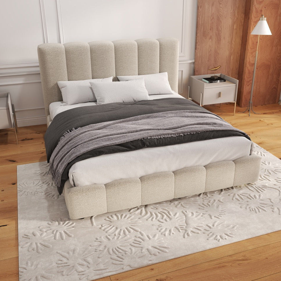 Pat dormitor dumonde, tapitat bej, Milano 160x200 cm, somiera rabatabila inclusa, spatiu depozitare