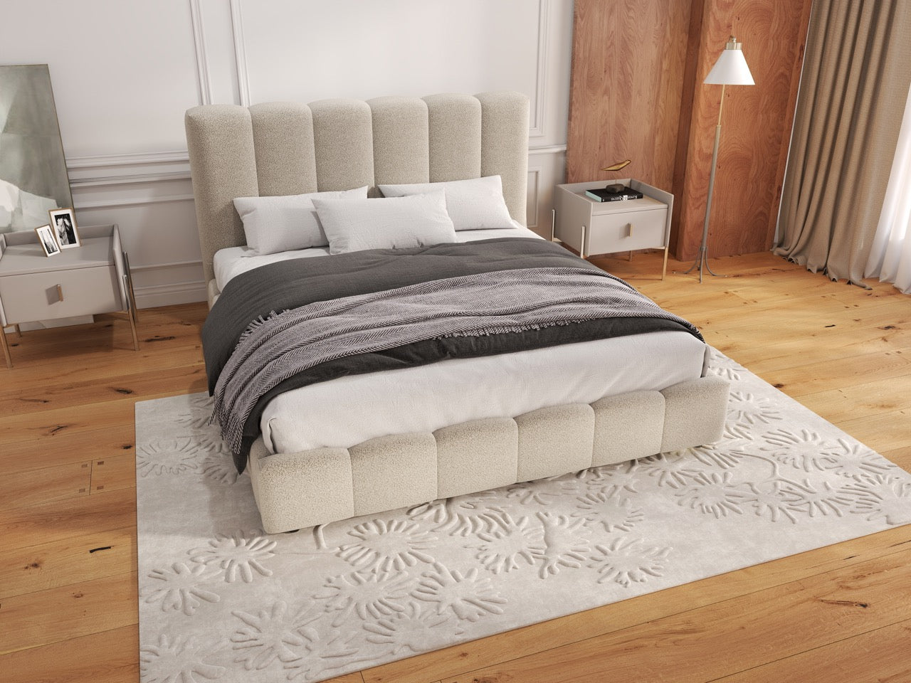 Pat dormitor dumonde, tapitat gri, Milano 160x200 cm, somiera rabatabila inclusa, spatiu depozitare