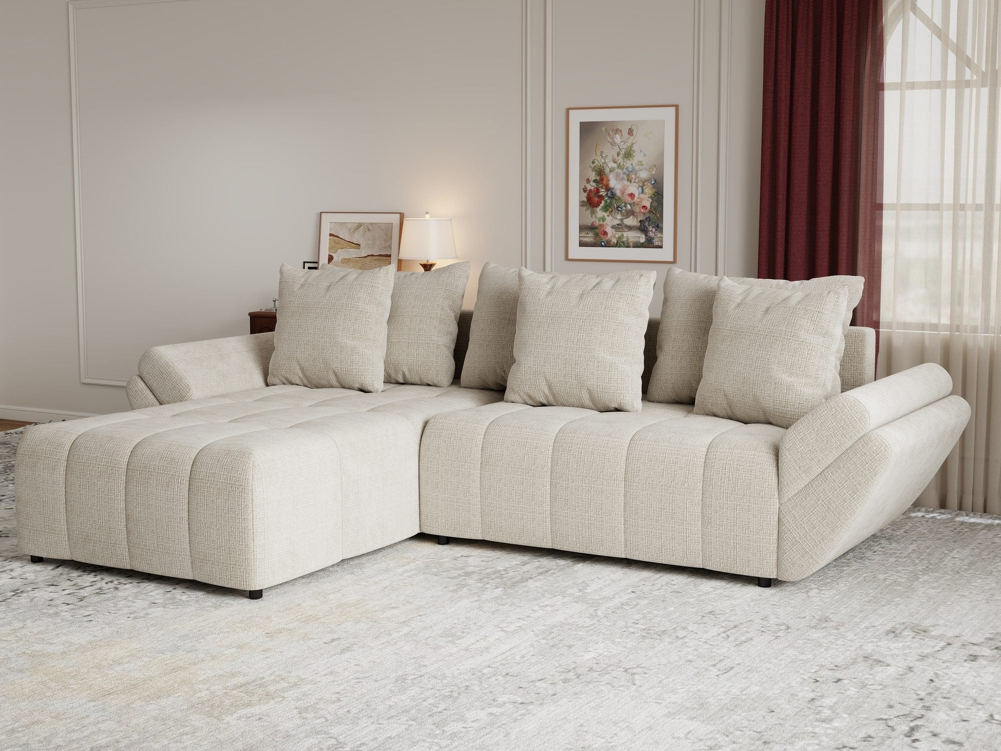 Colțar extensibil dumonde cu ladă de depozitare si sezut confortabil din spuma high-density, Berlin Cremona Gri Deschis 02 280x185 cm