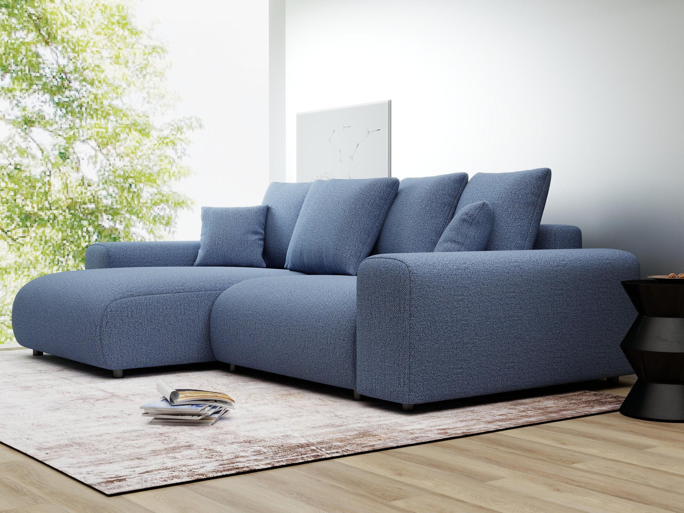 Colțar extensibil dumonde cu ladă de depozitare și șezut confortabil din spumă HR, Luma Enjoy Albastru 255x168 cm