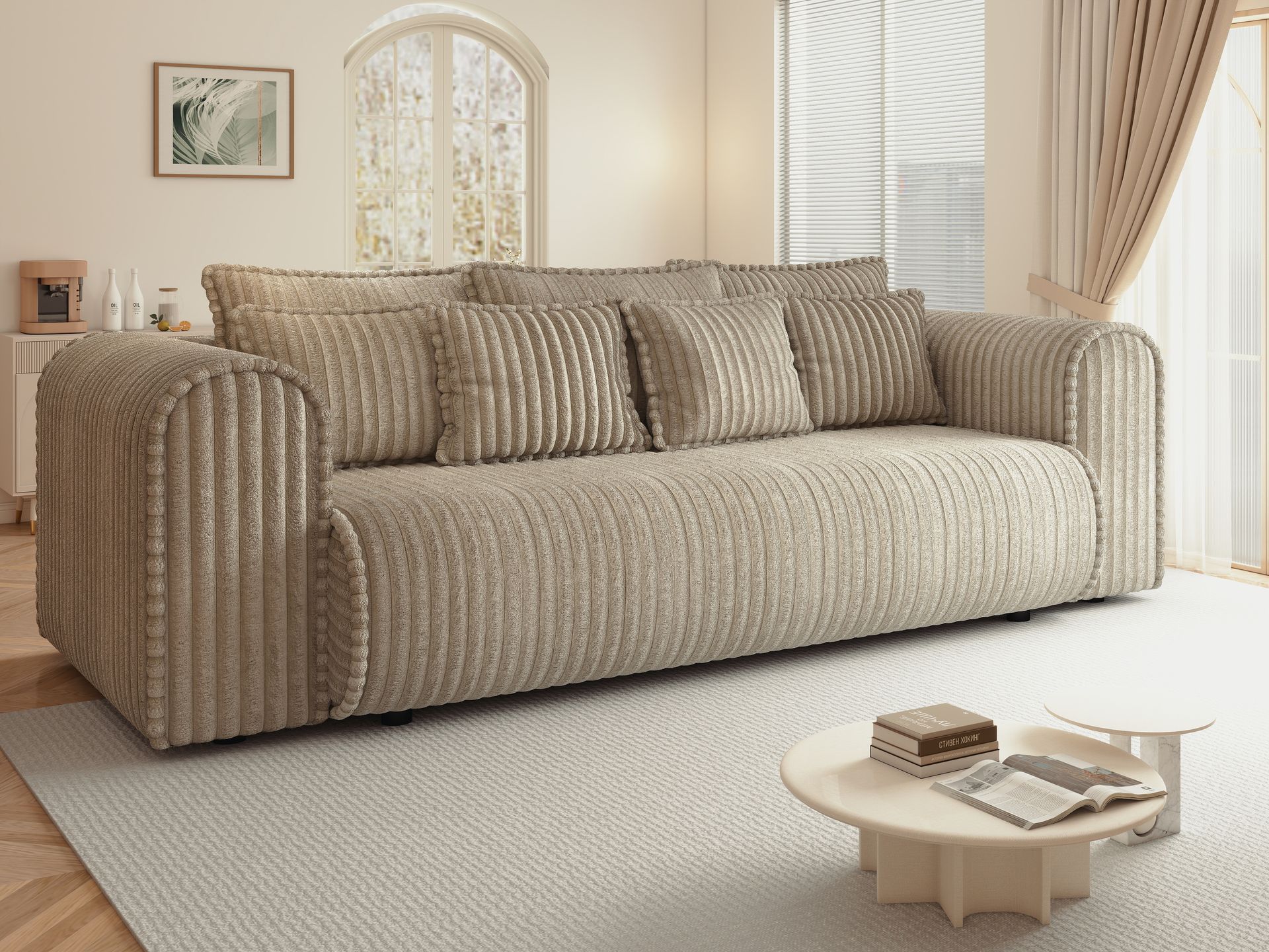 Canapea extensibilă dumonde cu ladă de depozitare si sezut confortabil din spuma high-density, Monaco Mica Tilia Bej 240x100 cm