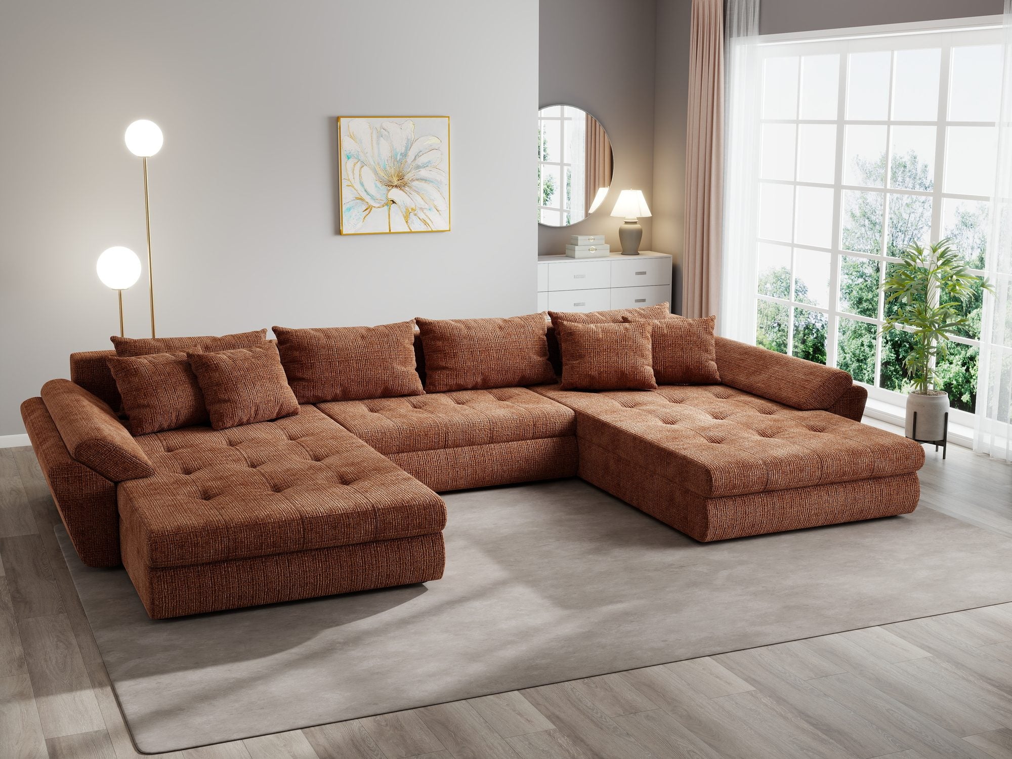 Colțar extensibil dumonde cu ladă de depozitare si sezut confortabil din spuma high-density, Loana U Cremona Teracota 52 355x185 cm