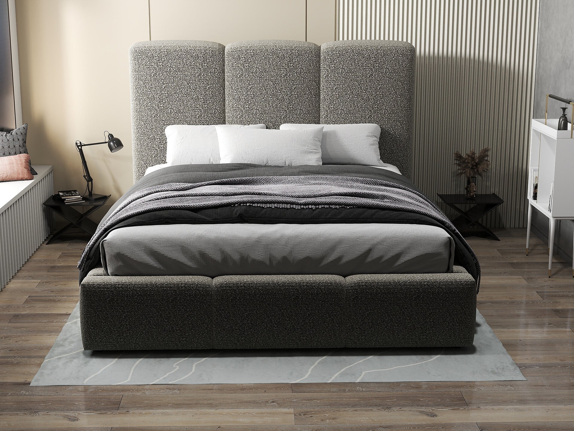 Pat dormitor dumonde, tapitat gri, Dinasty 160x200 cm, somiera rabatabila inclusa, spatiu depozitare