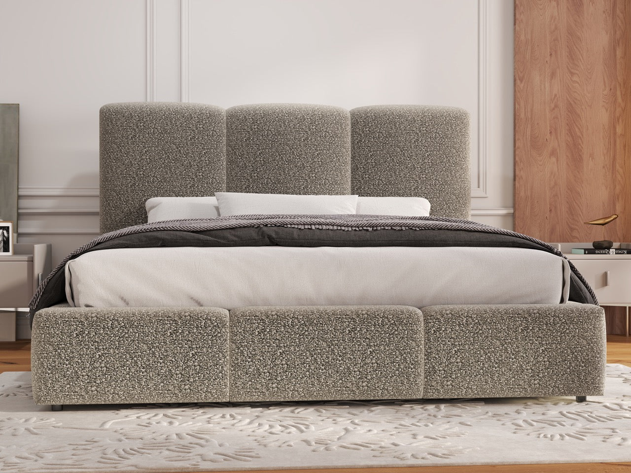 Pat dormitor dumonde, tapitat bej, Dinasty 180x200 cm, somiera rabatabila inclusa, spatiu depozitare