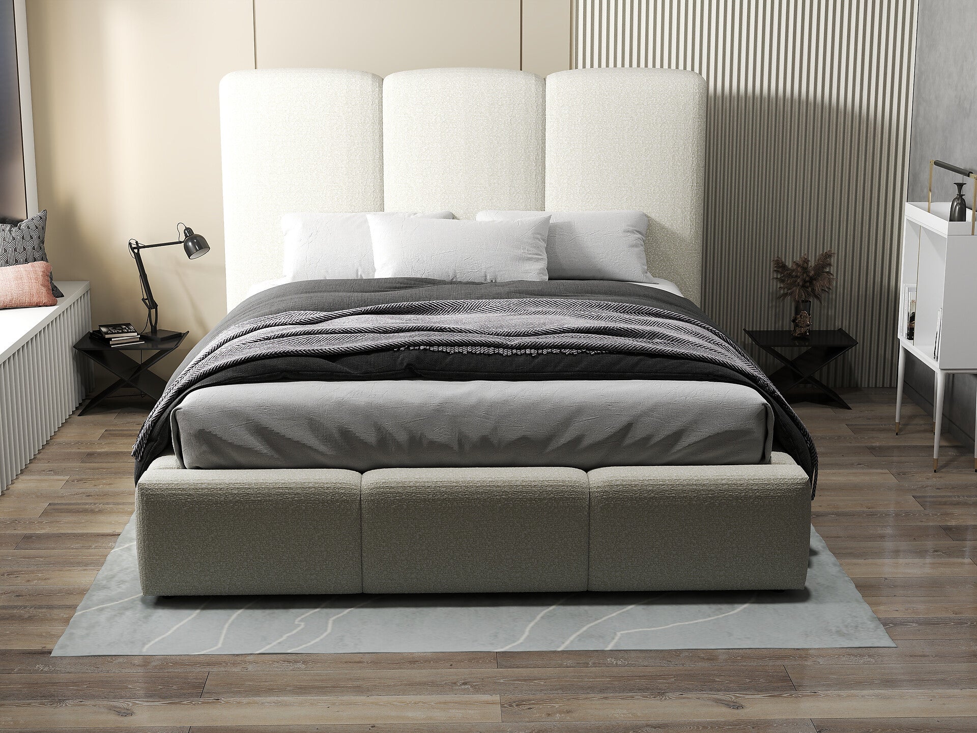 Pat dormitor dumonde, tapitat bej, Dinasty 160x200 cm, somiera rabatabila inclusa, spatiu depozitare