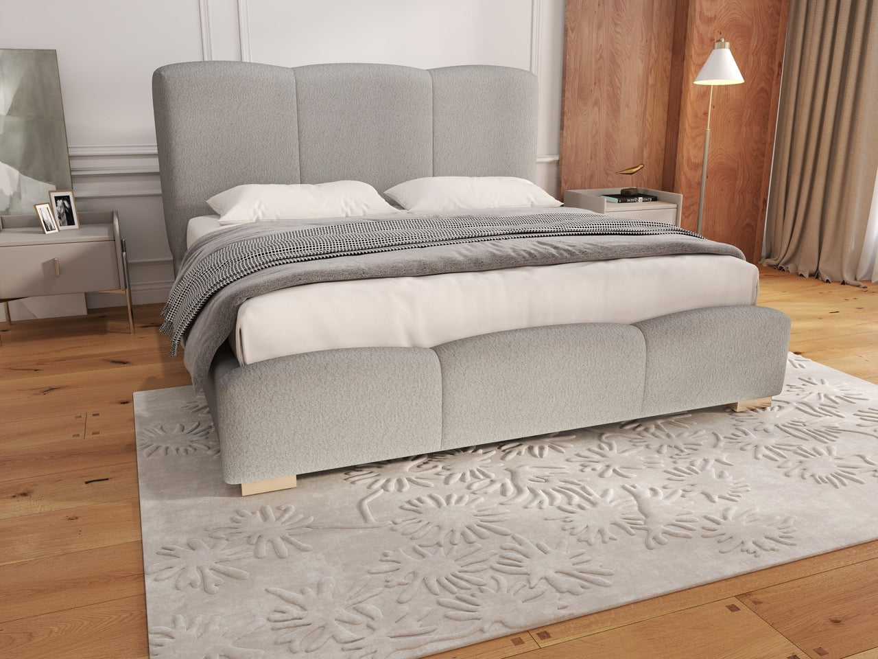 Pat dormitor dumonde, tapitat alb, Havana 180x200 cm, somiera rabatabila inclusa, spatiu depozitare