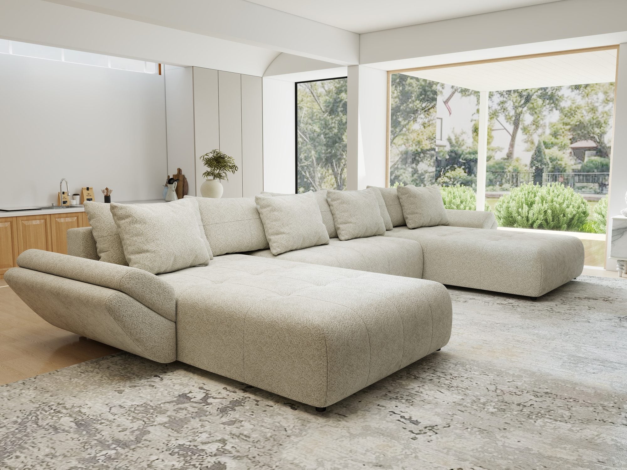 Colțar extensibil dumonde cu ladă de depozitare si sezut confortabil din spuma high-density, Berlin U Arena Bej 20 380x180 cm