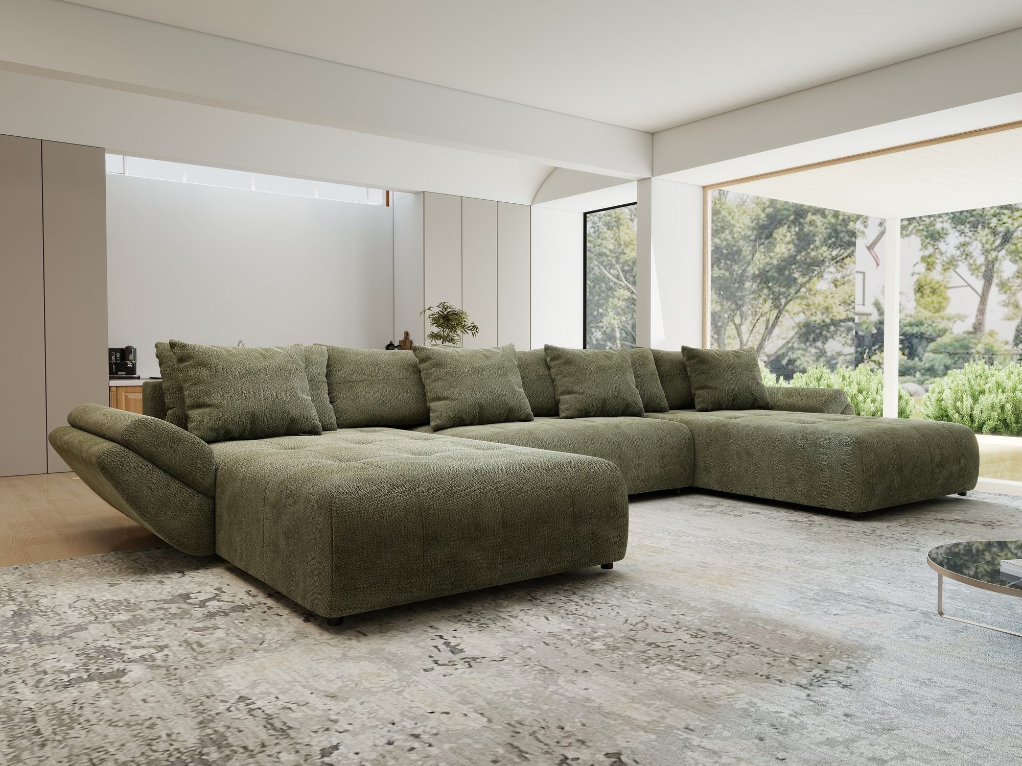 Colțar extensibil dumonde cu ladă de depozitare si sezut confortabil din spuma high-density, Berlin U Vibe Olive 38 380x180 cm