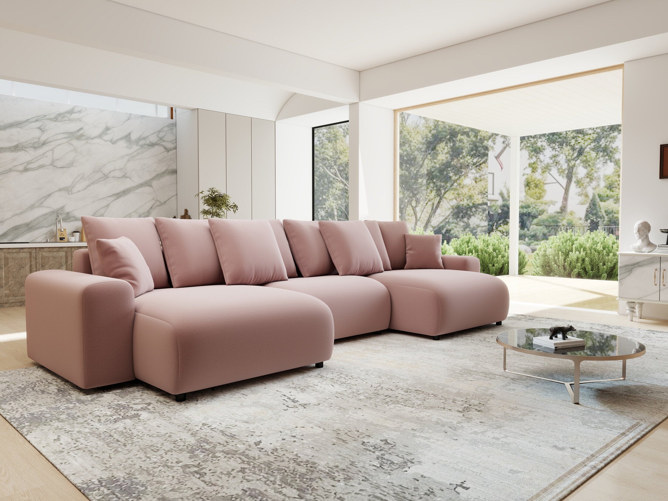 Colțar extensibil dumonde cu ladă de depozitare si sezut confortabil din spuma HR, Luma U Royal Roz 336x140 cm