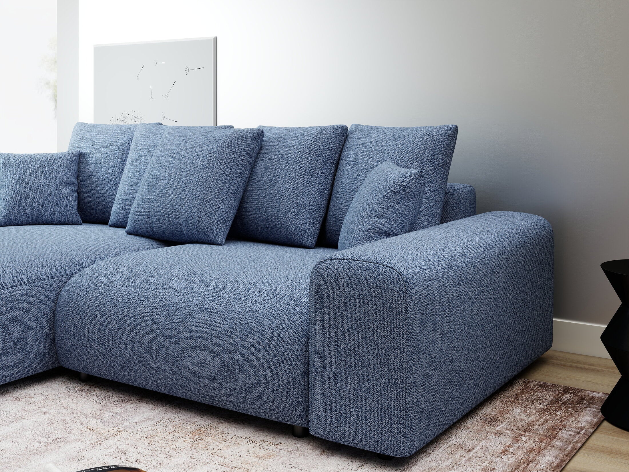 Colțar extensibil dumonde cu ladă de depozitare și șezut confortabil din spumă HR, Luma Enjoy Albastru 255x168 cm