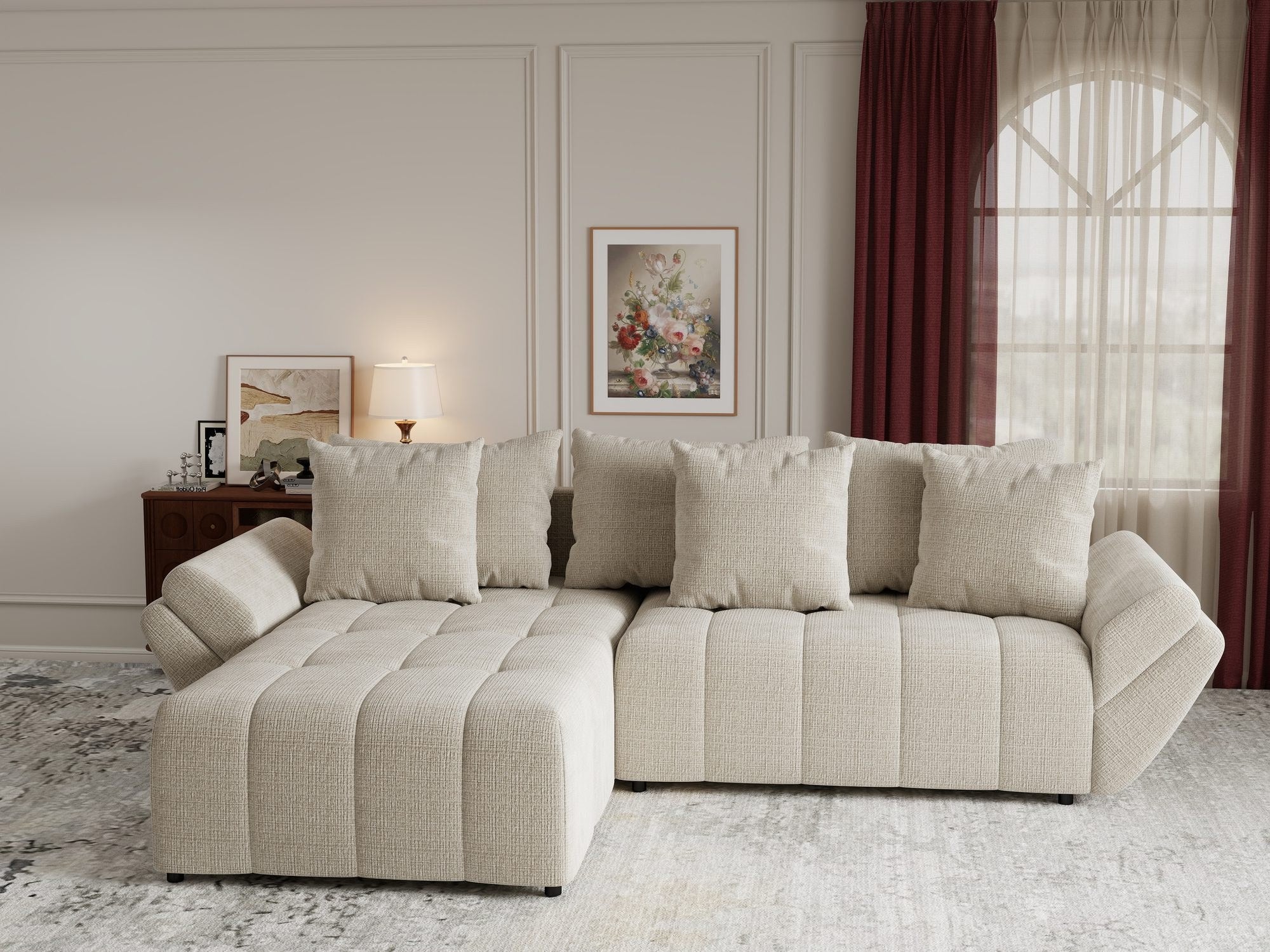 Colțar extensibil dumonde cu ladă de depozitare si sezut confortabil din spuma high-density, Berlin Cremona Gri Deschis 02 280x185 cm