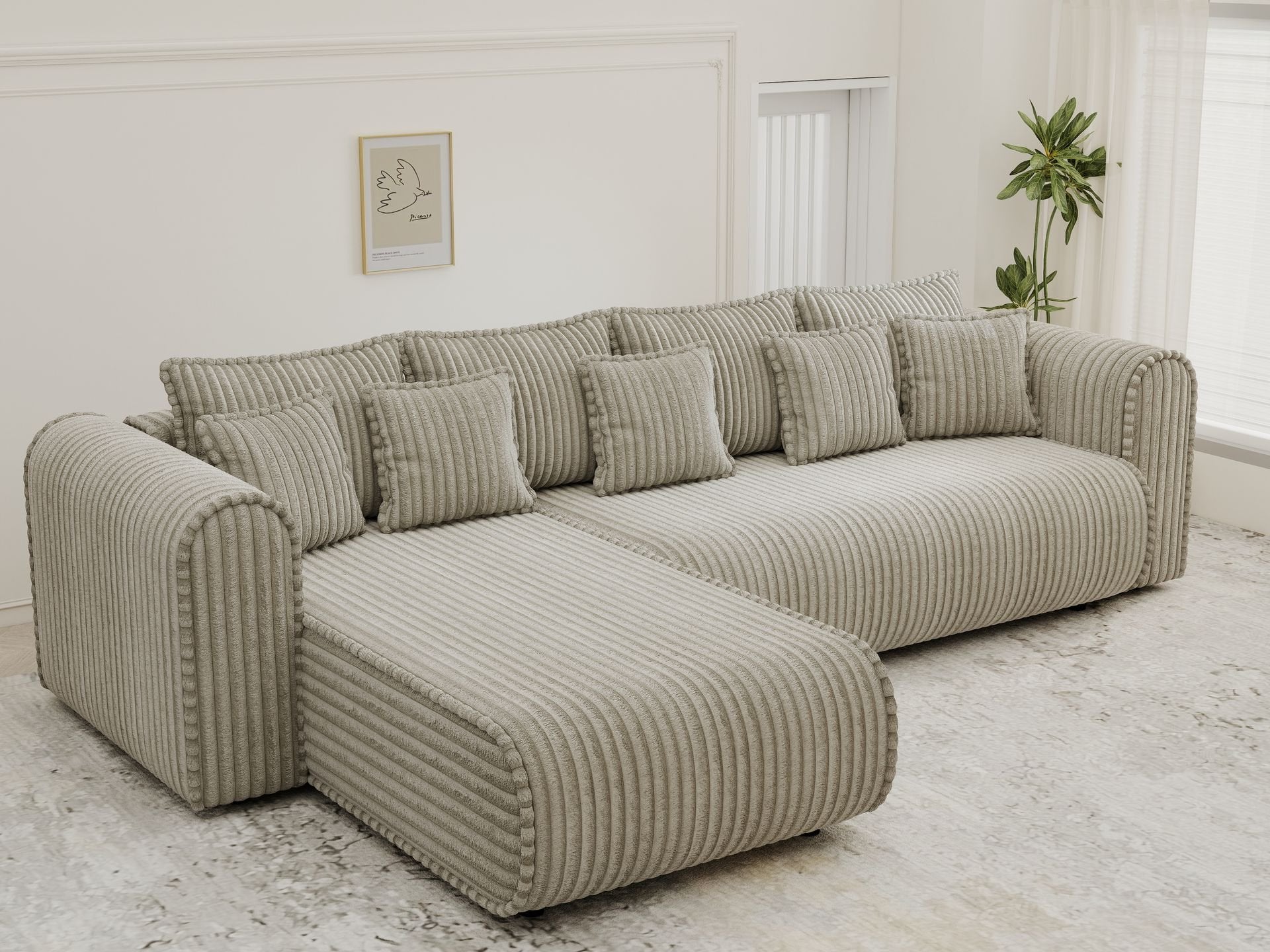 Colțar extensibil dumonde cu ladă de depozitare si sezut confortabil din spuma high-density, Monaco XL Tilia Capucino 340x185 cm