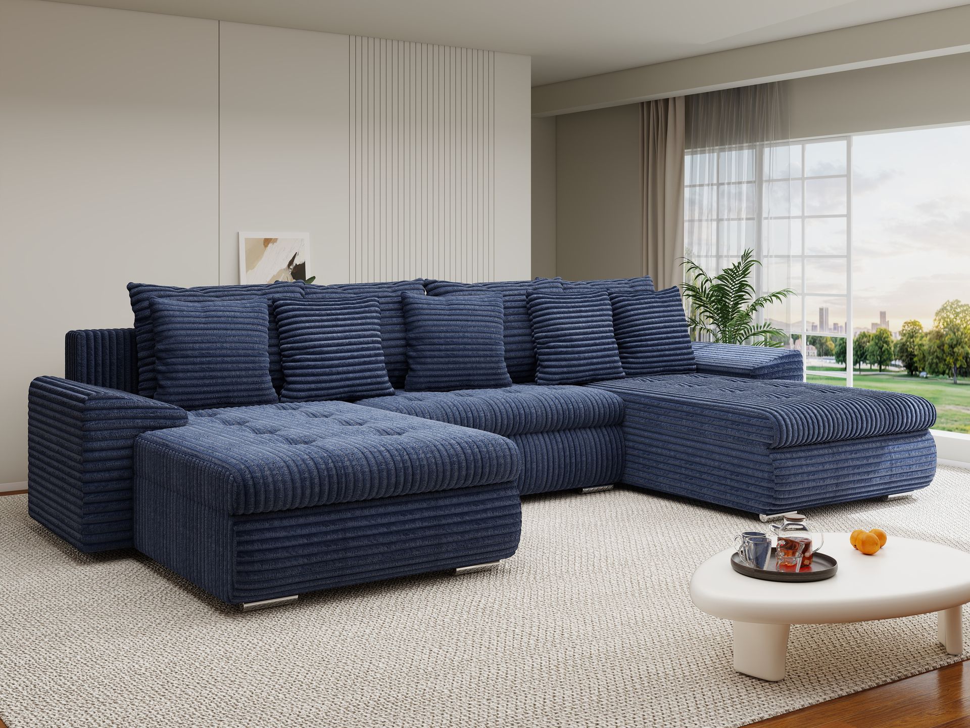 Colțar extensibil dumonde cu ladă de depozitare si sezut confortabil din spuma high-density, Leonardo U Tilia Albastru 77 360x185 cm