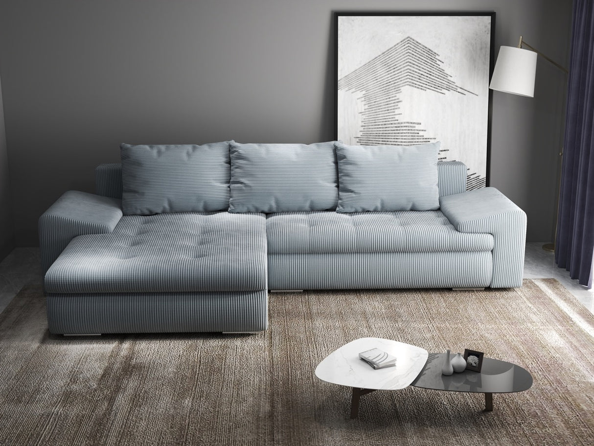 Colțar extensibil dumonde cu ladă de depozitare si sezut confortabil din spuma HR, Leonardo Zoom Gri Mint 255x193 cm
