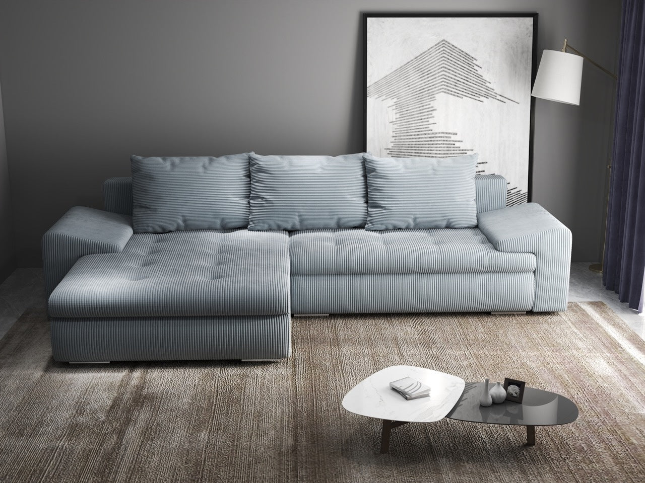 Colțar extensibil dumonde cu ladă de depozitare si sezut confortabil din spuma HR, Leonardo Zoom Grey 255x193 cm Fabrica