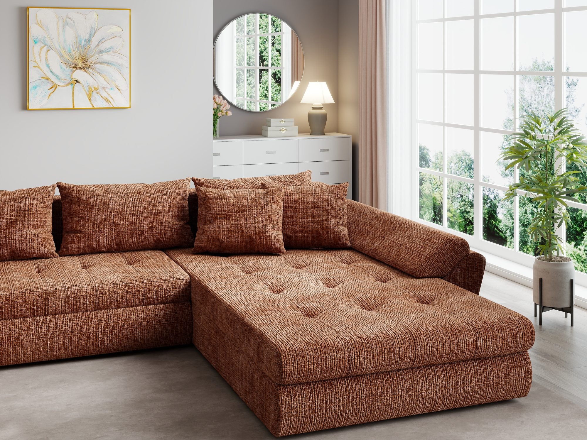 Colțar extensibil dumonde cu ladă de depozitare si sezut confortabil din spuma high-density, Loana U Cremona Teracota 52 355x185 cm