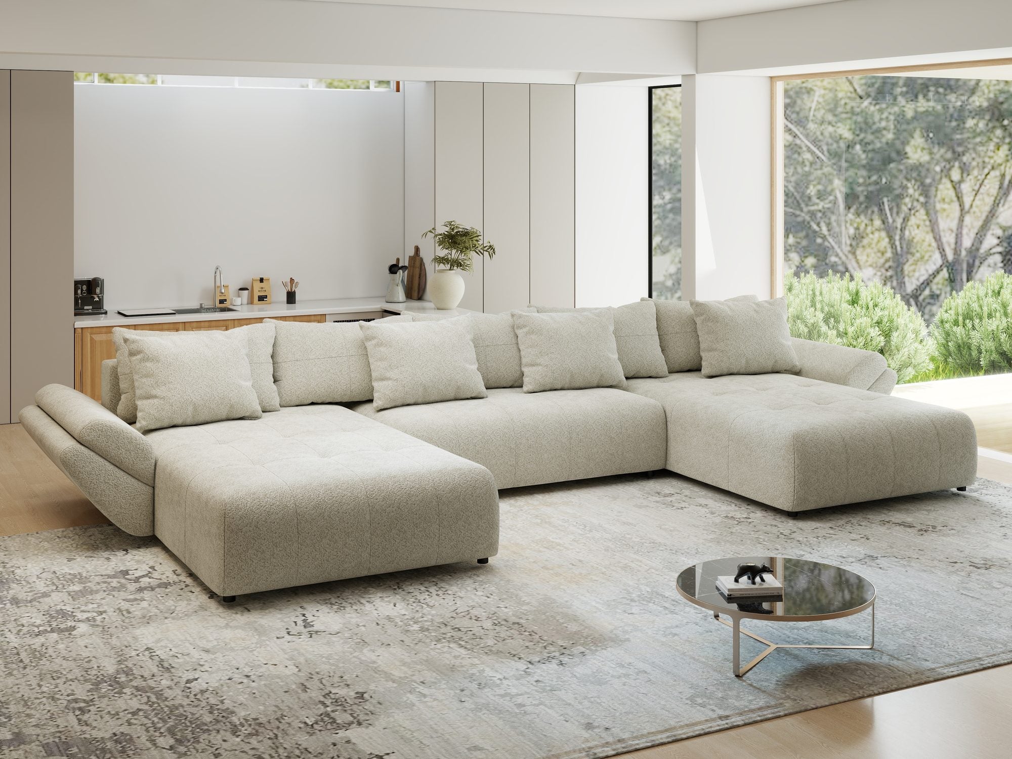 Colțar extensibil dumonde cu ladă de depozitare si sezut confortabil din spuma high-density, Berlin U Arena Bej 20 380x180 cm